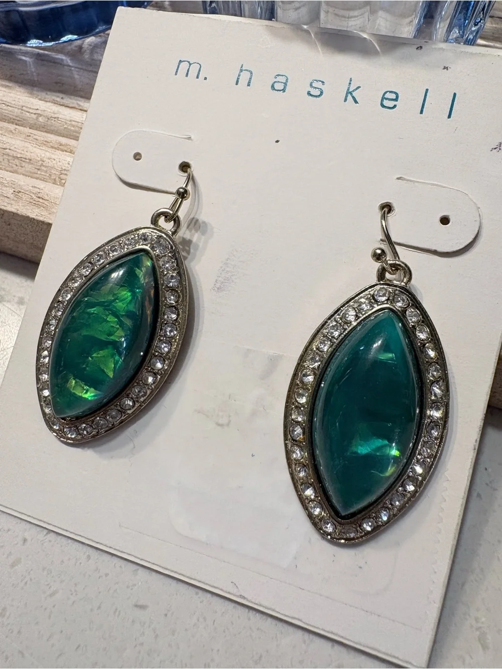 Miriam Haskell Green foil opal earrings NWT